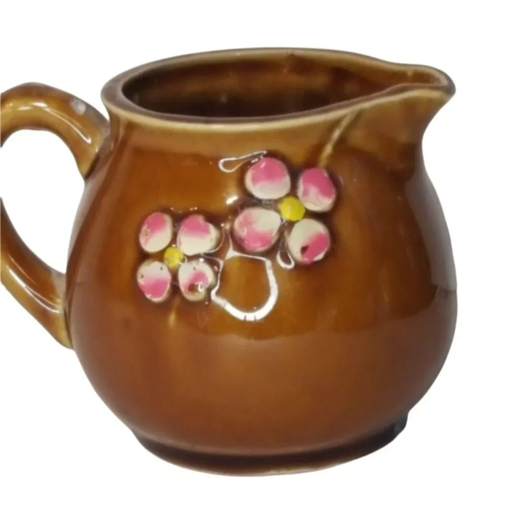 Vintage Japanese Creamer Brown Pink Cherry Blossums Made‎ in Japan Mid Century